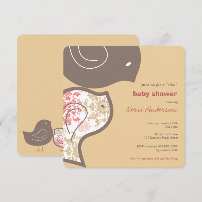 Pink Damask Chicks Baby Shower Party Invitation (Front/Back)