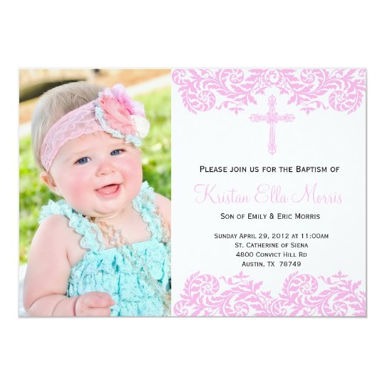 Pink Damask Christening Baptism Invitation