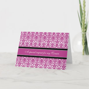 Pink Damask Cousin Bridesmaid Invitation Card