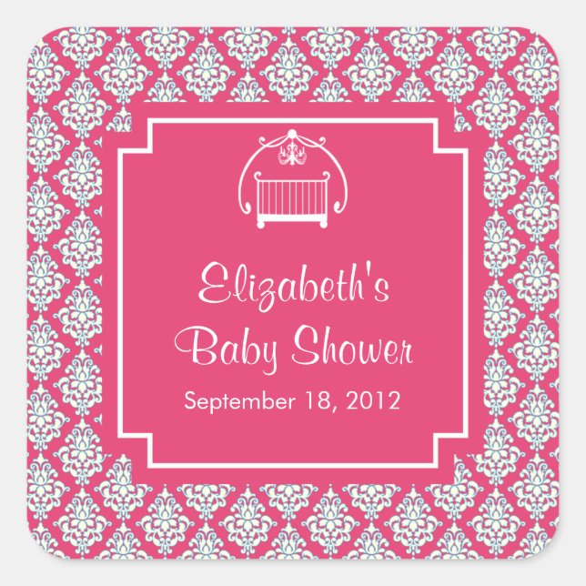 Pink Damask Crib Baby Shower Square Sticker (Front)