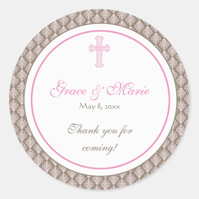 Pink Damask Cross Address Label/Favor Sticker (Front)