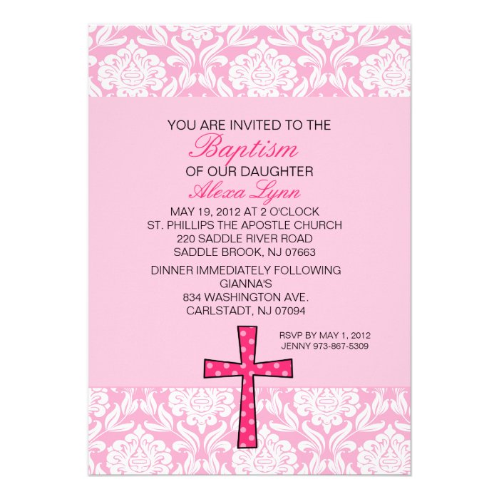 Pink Damask Cross Baptism Invitation