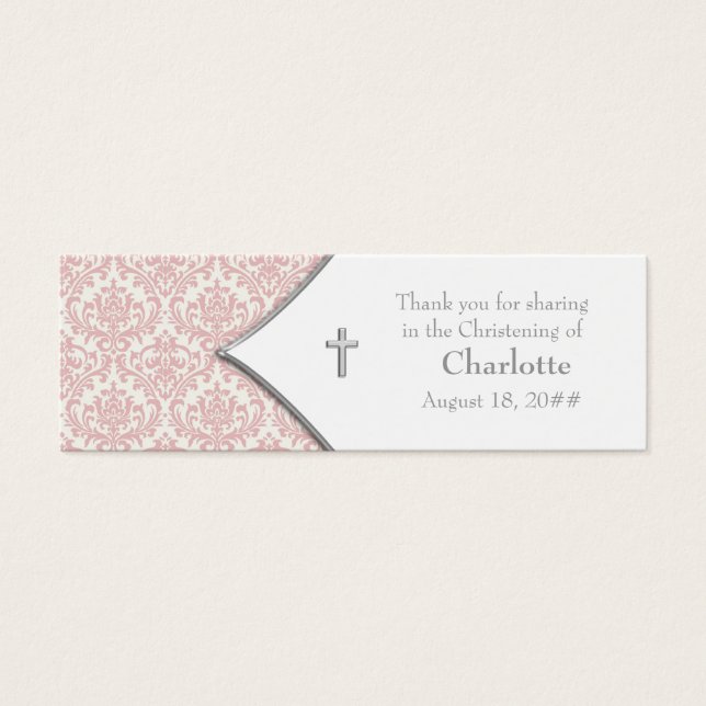 Pink Damask Cross Bomboniere Tags (Front)
