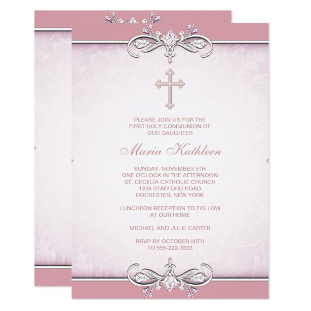 Pink Damask Cross First Communion Invitation