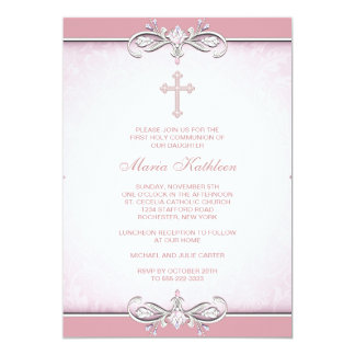 Pink Damask Cross First Communion Card