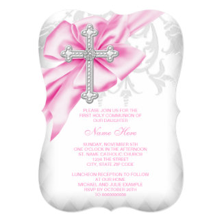 Pink Damask Cross First Communion Card