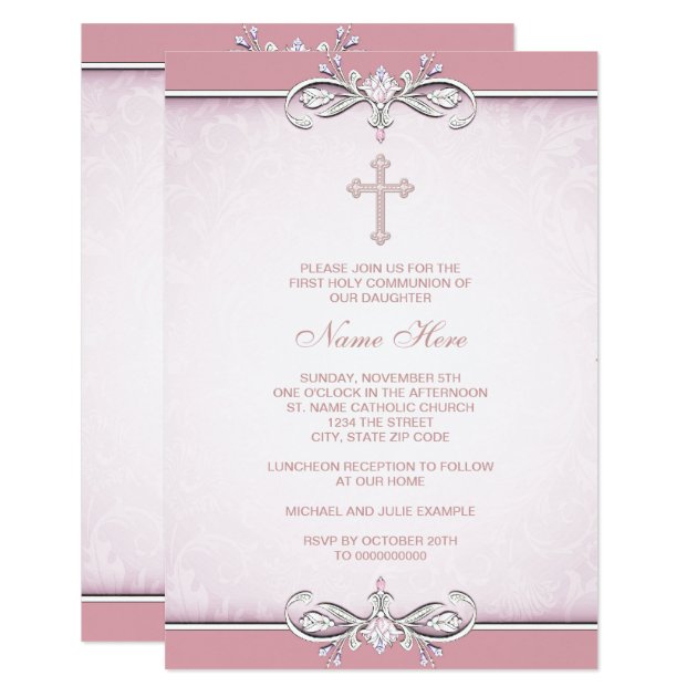 Pink Damask Cross First Communion Invitation