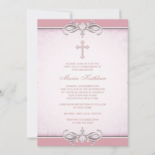 Pink Damask Cross First Communion Personalized Invitation