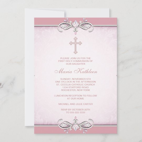 Pink Damask Cross First Communion Invitation | Zazzle.com