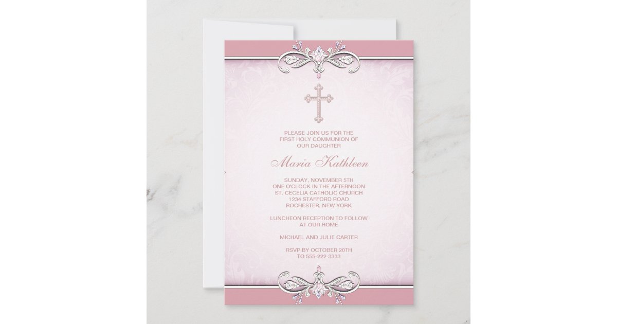 Pink Damask Cross First Communion Invitation | Zazzle