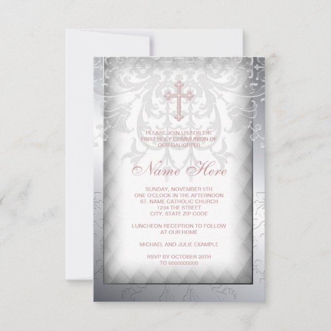 Pink Damask Cross First Communion Invitation (Front)