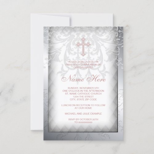 Pink Damask Cross First Communion Personalized Invitations
