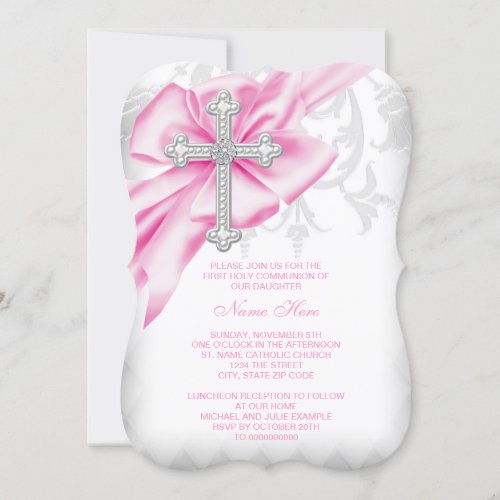 Pink Damask Cross First Communion Personalized Invitations
