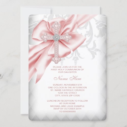 Pink Damask Cross First Communion Custom Invitation