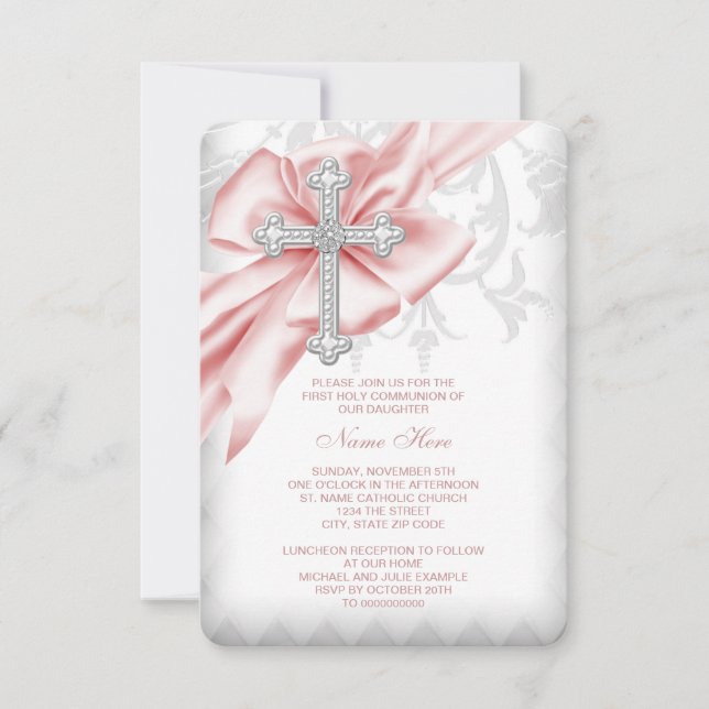 Pink Damask Cross First Communion Invitation (Front)