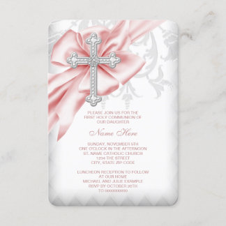 Pink Damask Cross First Communion Invitation