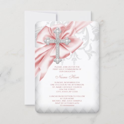 Pink Damask Cross First Communion Invites