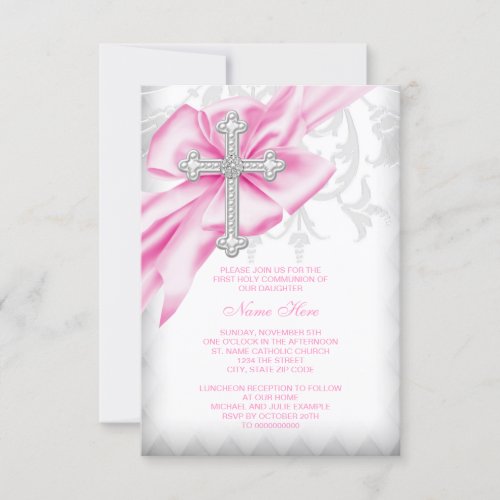 Pink Damask Cross First Communion Personalized Invites