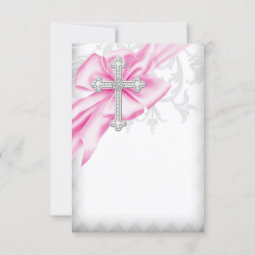 Pink Damask Cross First Communion Invitation | Zazzle