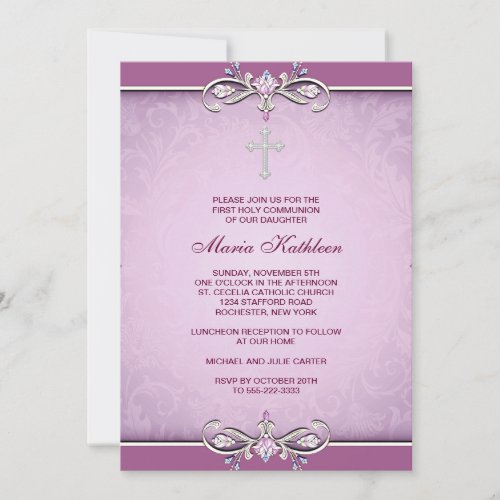 Pink Damask Cross First Communion Invitation