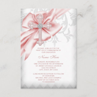 Pink Damask Cross First Communion Invitation