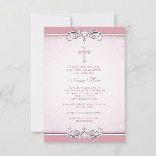 Pink Damask Cross First Communion Announcement