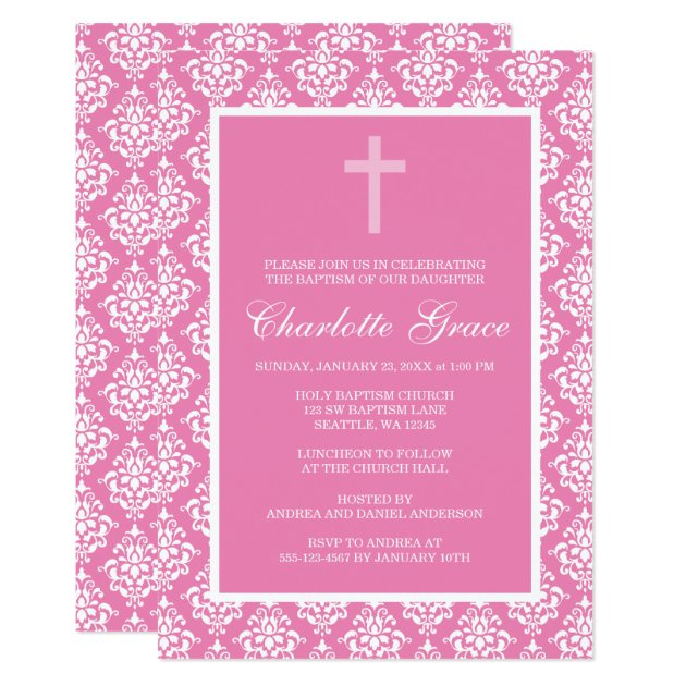 Pink Damask Cross Girl Baptism Christening Invitation