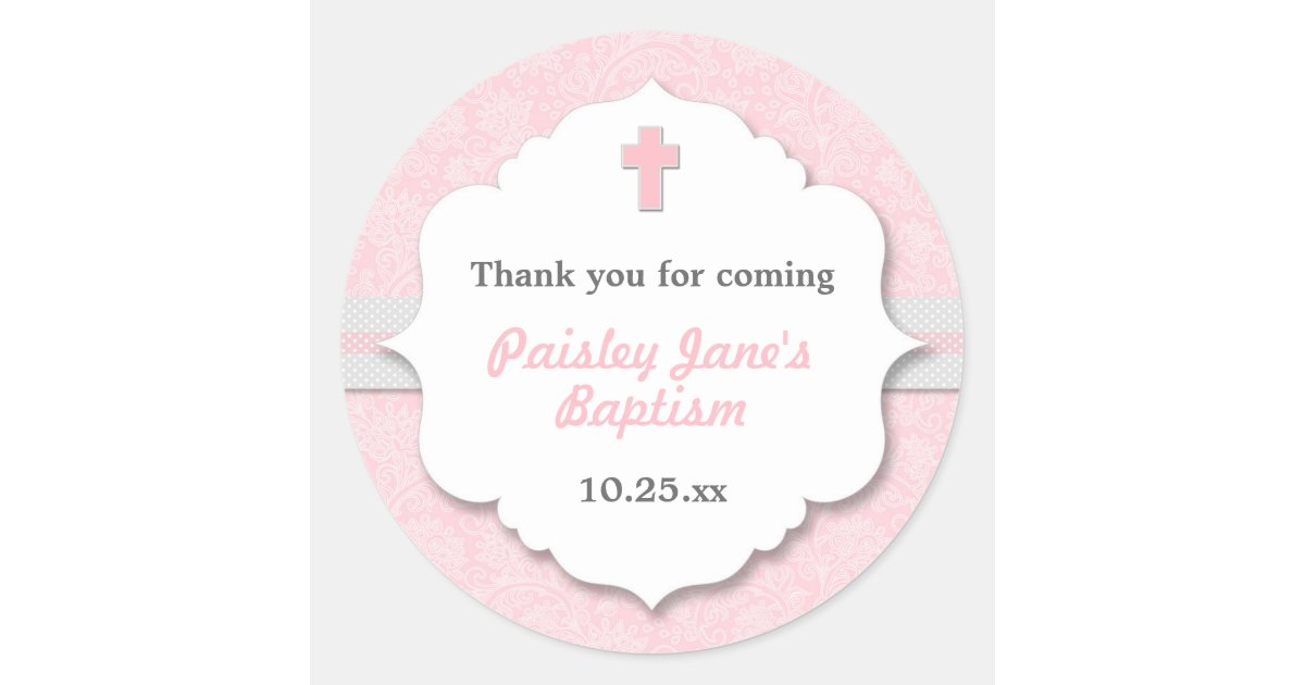 Pink Damask cross girl baptism christening favor Classic Round Sticker ...