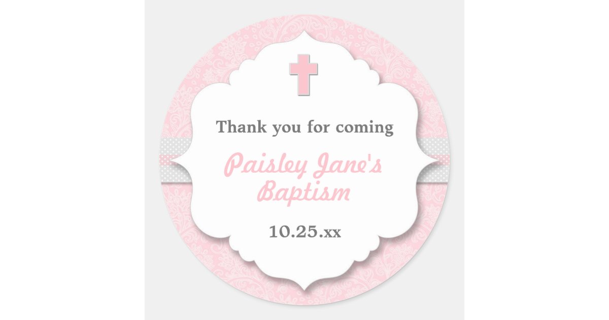 invitations v craft girl Pink christening Damask cross Classic baptism favor