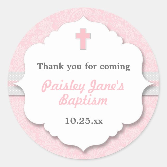 Pink Damask cross girl baptism christening favor Classic Round Sticker (Front)
