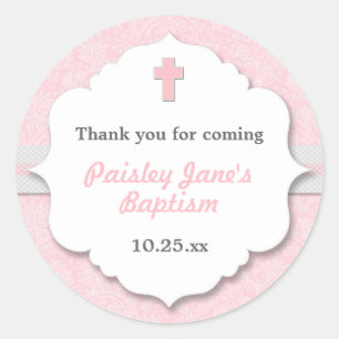 Pink Damask cross girl baptism christening favor Classic Round Sticker