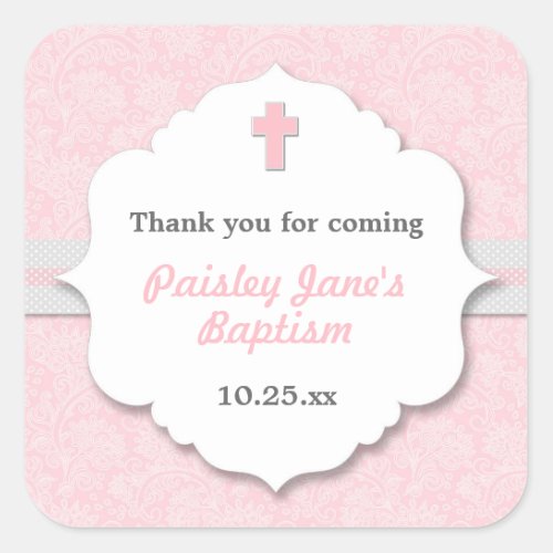 Pink Damask cross girl baptism christening favor Square Sticker