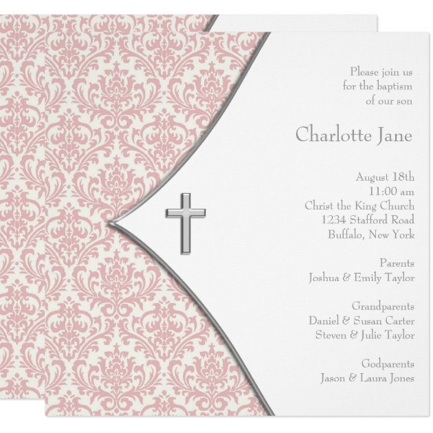 Pink Damask Cross Girls Baptism Christening Invitation