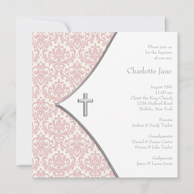 Pink Damask Cross Girls Baptism Christening Invitation (Front)