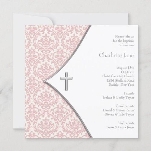 Pink Damask Cross Girls Baptism Christening Personalized Announcements
