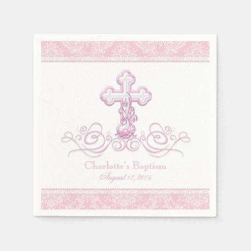 Pink Damask Cross Girls Baptism Communion Napkins