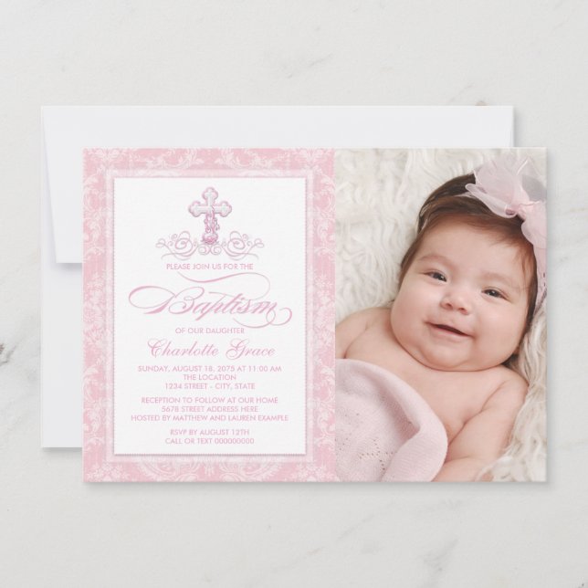 Pink Damask Cross Girls Photo Baptism Invitations (Front)