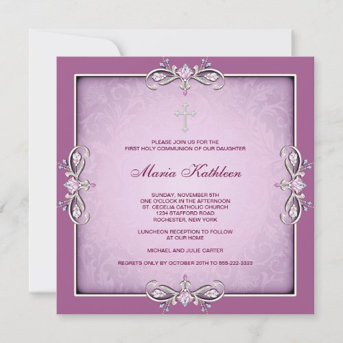 Pink Damask Cross Girls Pink First Communion Personalized Invites