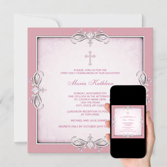 Pink Damask Cross Girls Pink First Communion Invitation | Zazzle