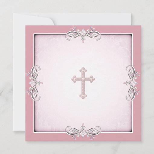 Pink Damask Cross Girls Pink First Communion Invitation | Zazzle