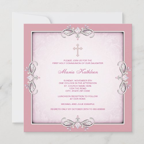 Pink Damask Cross Girls Pink First Communion Custom Invitation