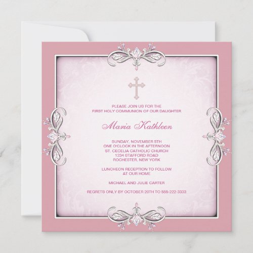 Pink Damask Cross Girls Pink First Communion Announcement