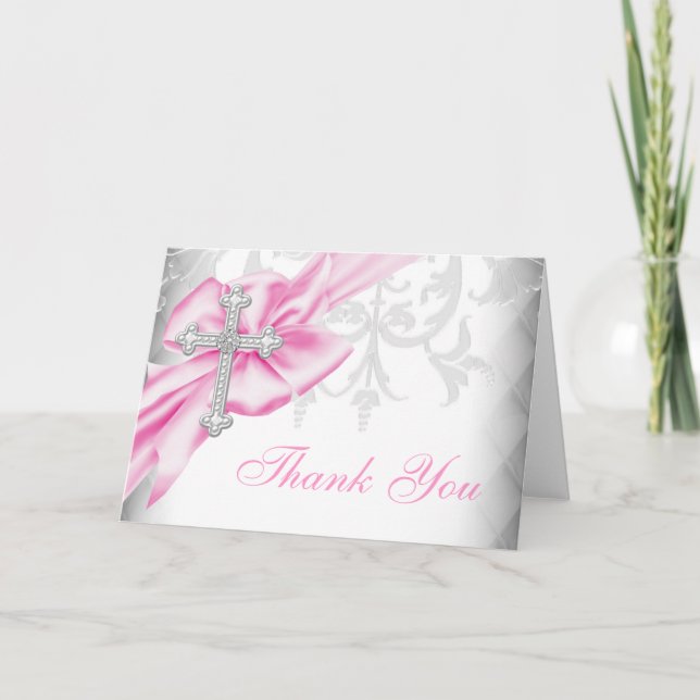 Pink Damask Cross Thank You Card (Front)