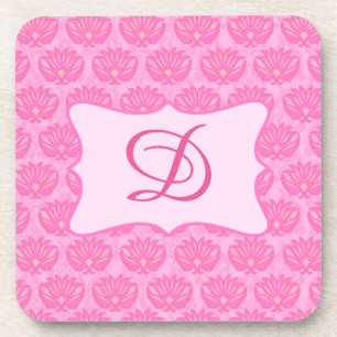 Pink Damask Custom Monogram Initial Drink Coaster
