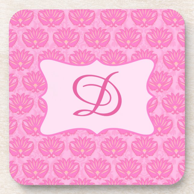 Pink Damask Custom Monogram Initial Drink Coaster (Front)