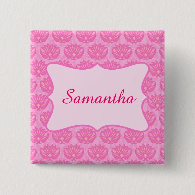 Pink Damask Custom Personalized Name Badge Pinback Button (Front)