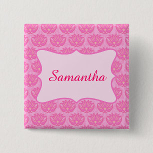 Pink Damask Custom Personalized Name Badge Pinback Button