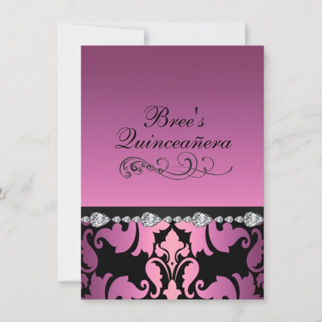 Pink Damask & Diamond Image Quinceañera Invite (Front)