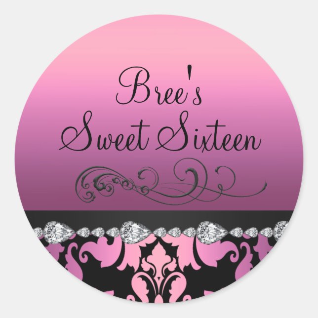 Pink Damask & Diamond Sweet 16 Sticker (Front)