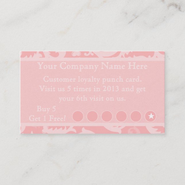 Pink Damask Discount Promotional Punch Card (Front)